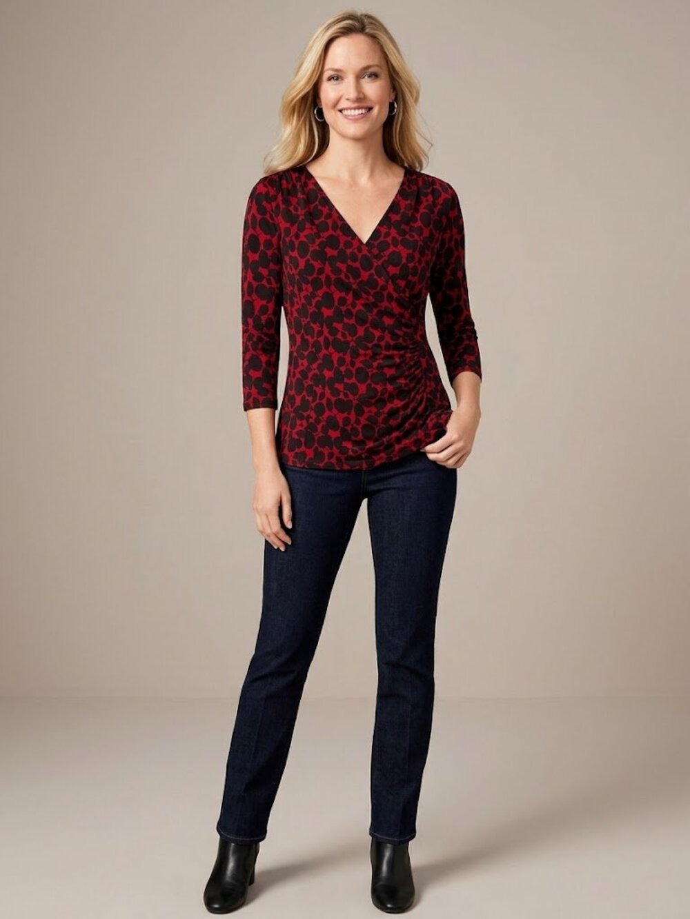 Talbots Floral Jersey Faux-Wrap Top in Red